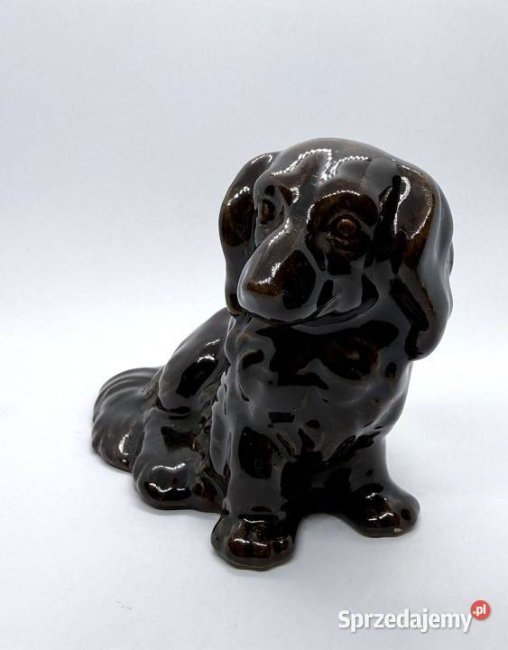 Figurka vintage Jamnik długowłosy Czekoladowa Porcelana i szkło małopolskie Kraków