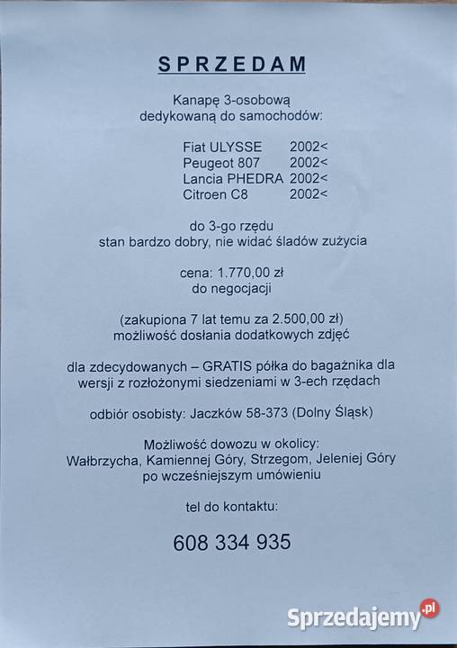 Sprzedam kanapę 3osobowa Fiat Ulysse Lancia Fotele i kanapy dolnośląskie Jaczków