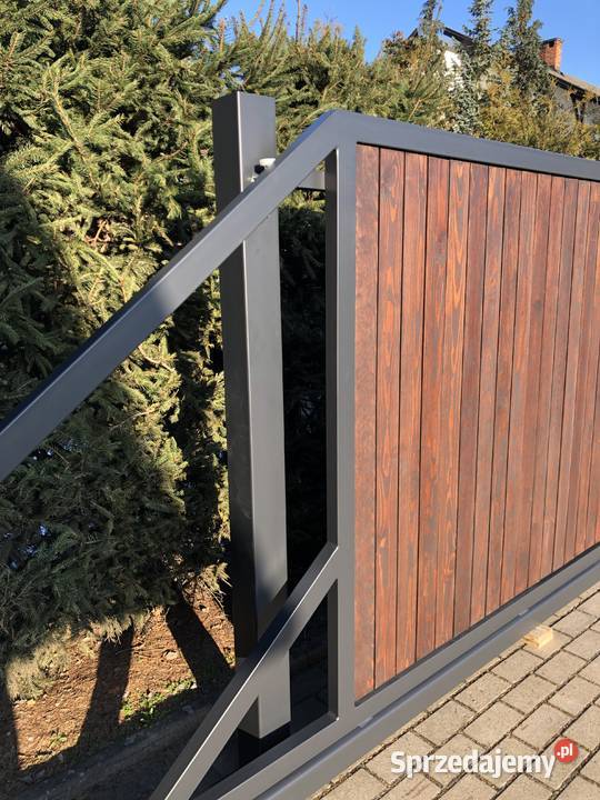 Nowoczesna Brama przesuwna drewno ogrodzenie Katowice