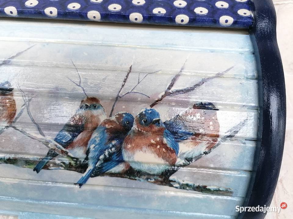 Chlebak z drewna decoupage Bolesławec sikorki Halinów
