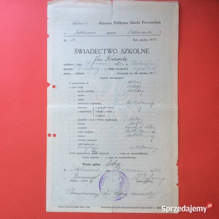 1800 Świadectwo Szkolne Odolanów Krawiec zachodniopomorskie Szczecin