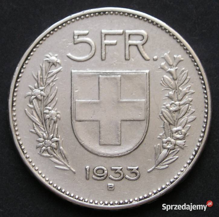SZWAJCARIA 5 FRANKÓW 1933 SREBRO Łódź