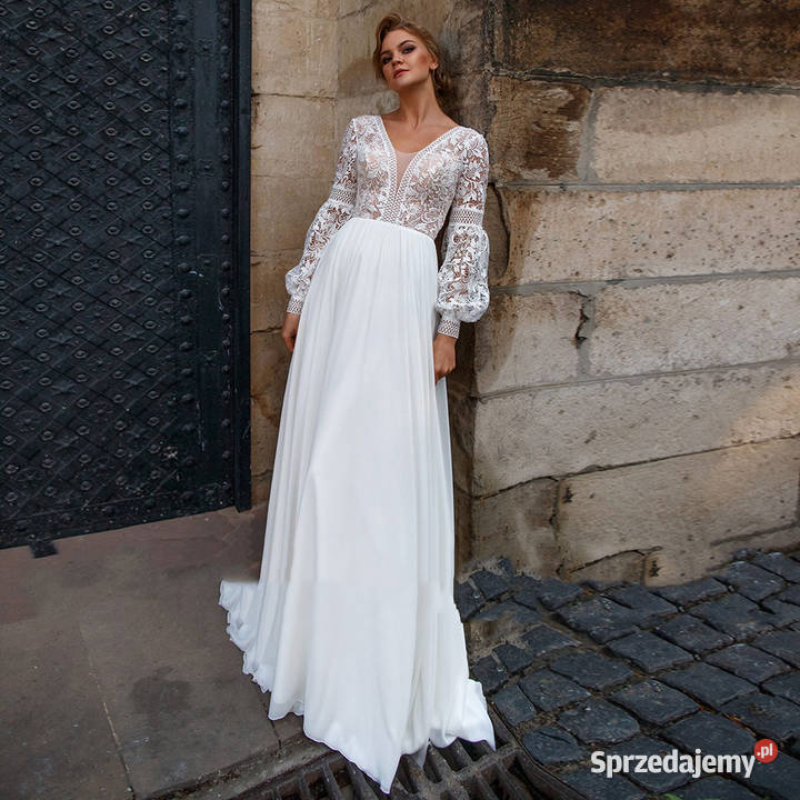 Suknia ślubna Aline boho bufiaste rękawy 40 L 46