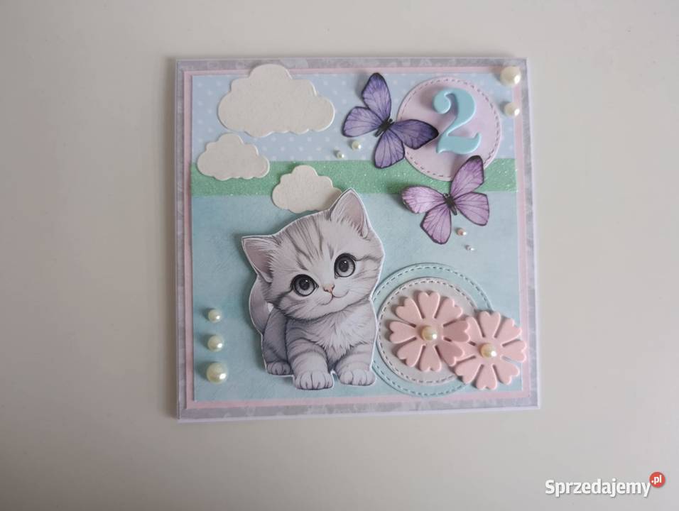 Kartka ręcznie robiona na urodziny kotek Łódź