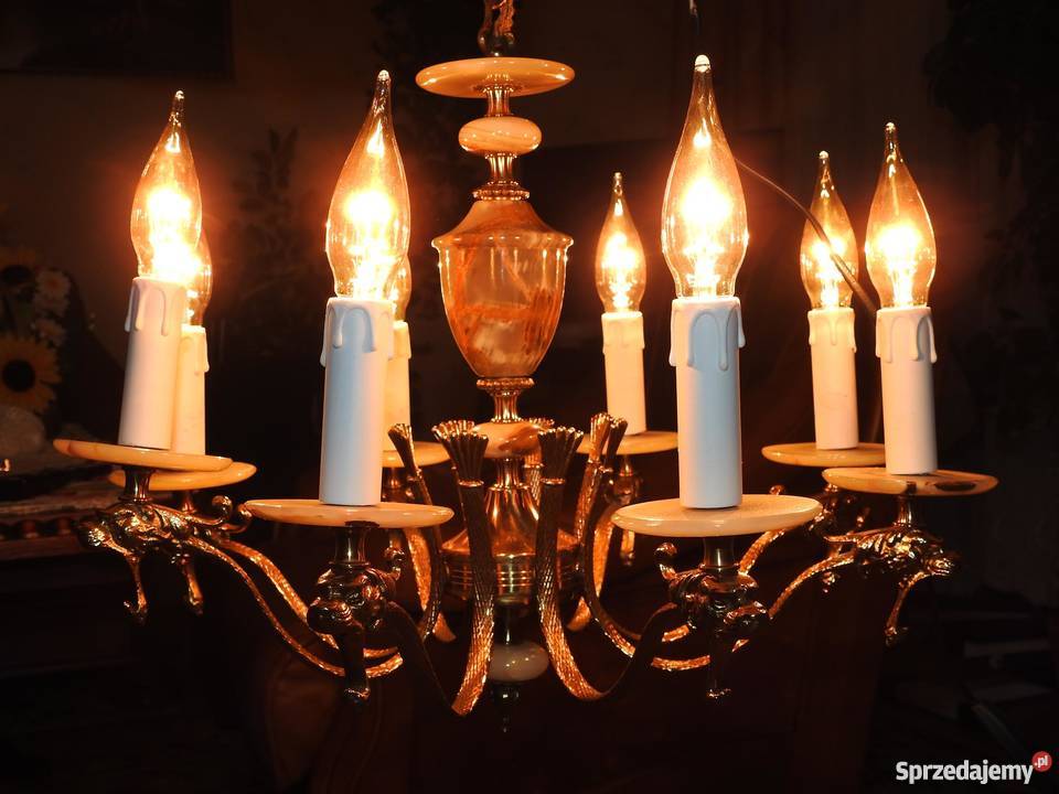Żyrandol mosiężny XX wiek onyks 8 źródeł światła wielokolorowy