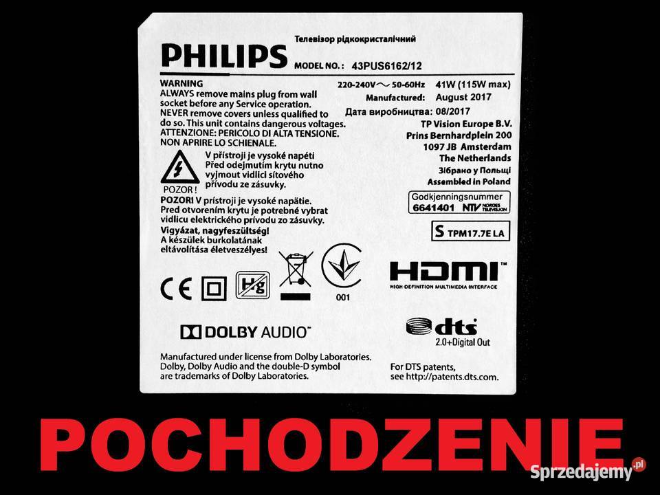 Moduł zasilacza telewizora Philips 43PUS616212 Bydgoszcz sprzedam