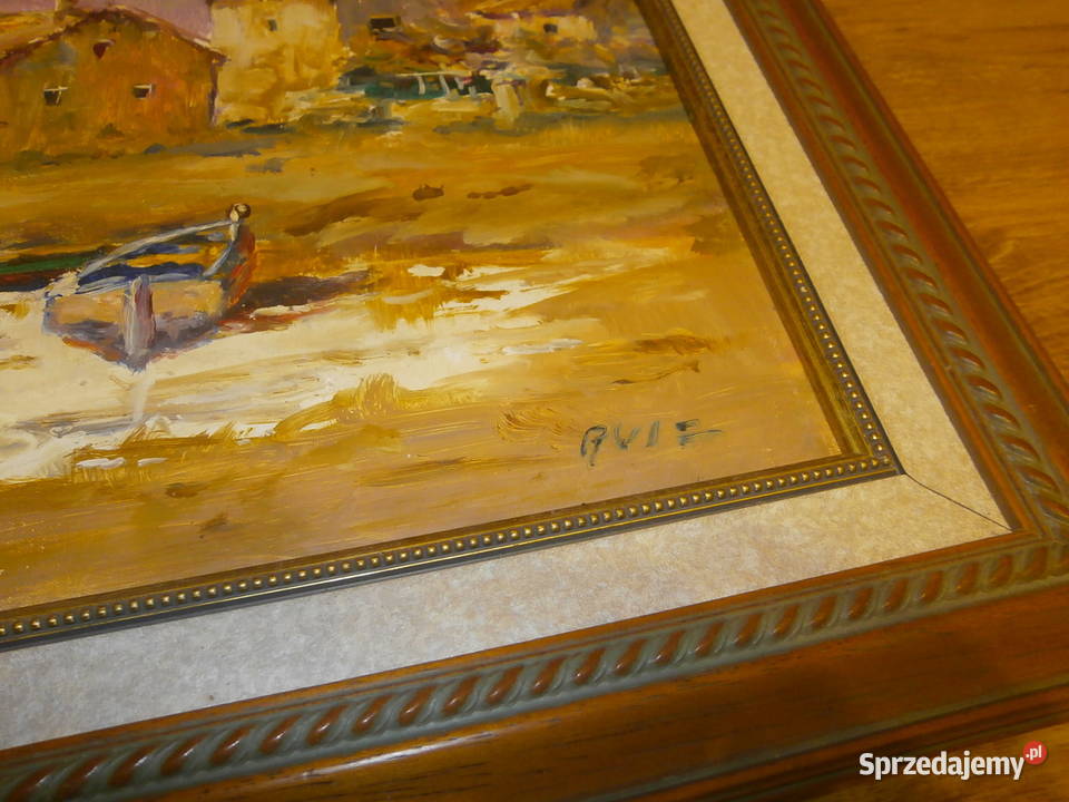 Stary obraz w ramie płótno Wioska rybacka Łódź