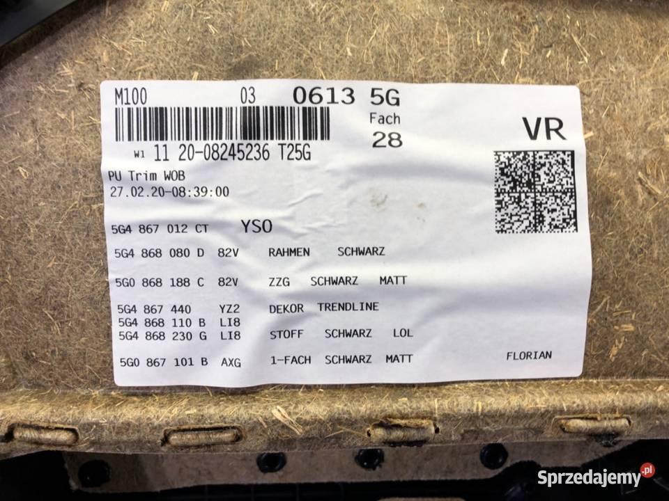 BOCZEK DRZWI PRAWY PRZÓD VW GOLF VII Hatchback