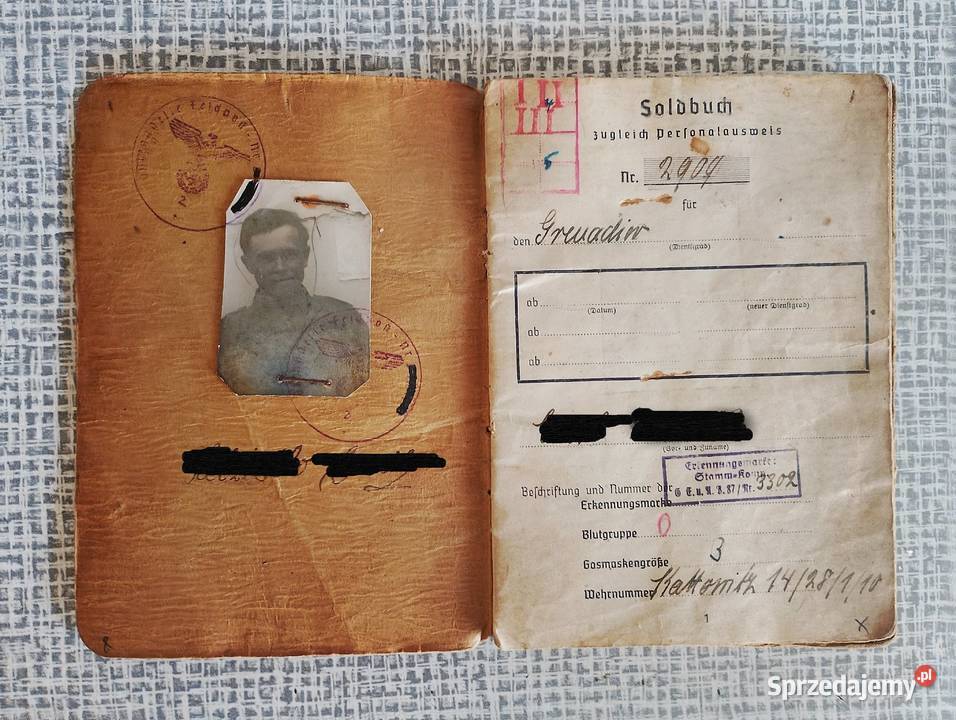 Oryginalny SOLDBUCH ks wojskowa Rzesza Wehrmacht Militaria Katowice