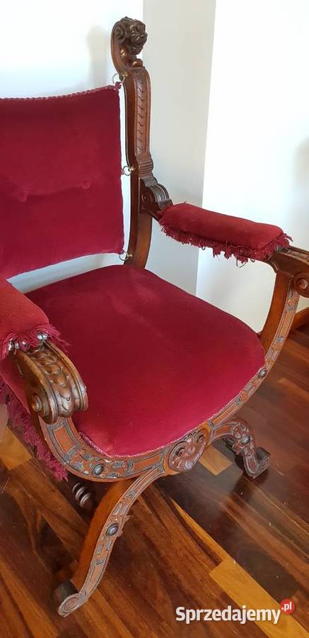 Fotel nożycowy orzech rzeźba snycerka antyk 1850 Orneta