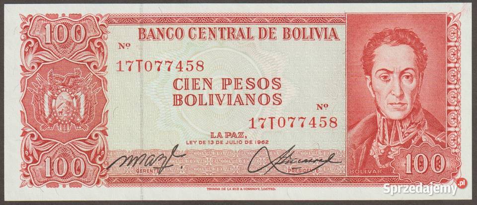 BOLIWIA 100 PESOS 1962 SIMON BOLIVAR STAN