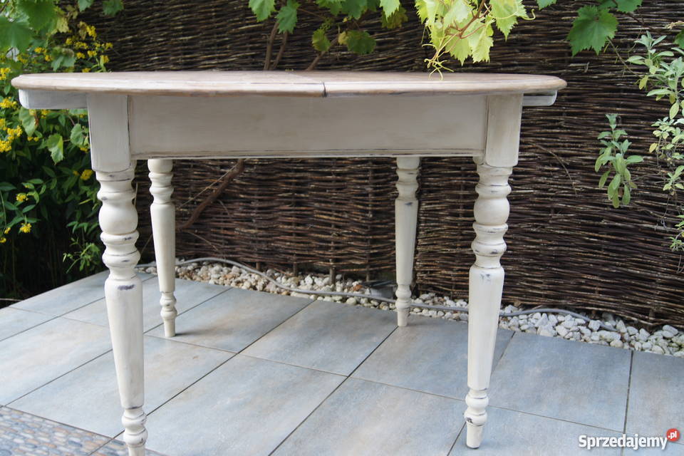 Stol okragly shabby chic bielony rozkaldany Golub-Dobrzyń