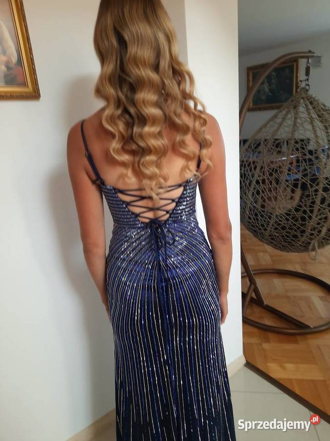Sukienka granatowa błyszcząca z wiązaniem na Ołówkowa  Spódnice i sukienki Grójec