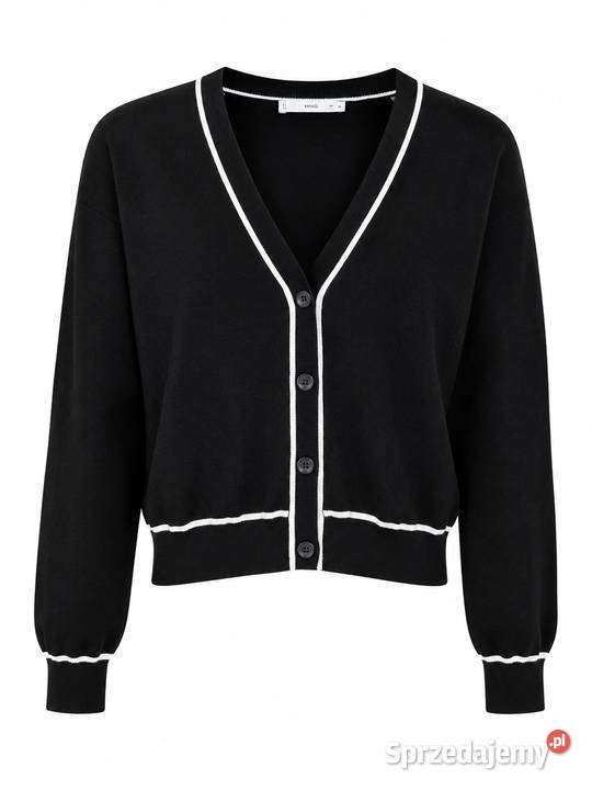 Czarny sweter kardigan dekolt w serek z białą Rozpinane  Liszki