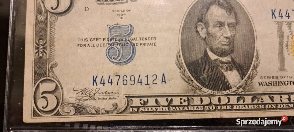 banknot pięć dolarów 1934 roku żółta pieczątka Warszawa