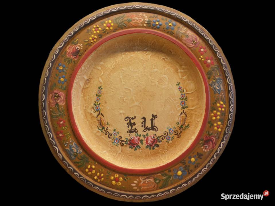 Drewniany stary talerz ręcznie malowany Raszków