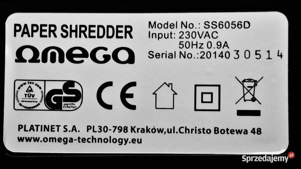 Niszczarka Omega SS6056D A4 CD karty kujawsko-pomorskie Bydgoszcz