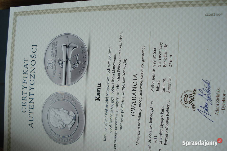 Srebrna moneta Kanada 20 dolarów Kanu 2011r Pozostałe Łódź