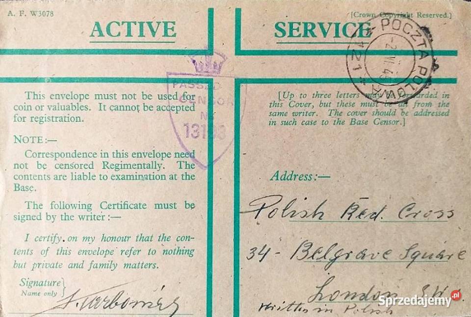 Poczta Polowa PSZ 1943 Anders list do PCK Londyn Człuchów