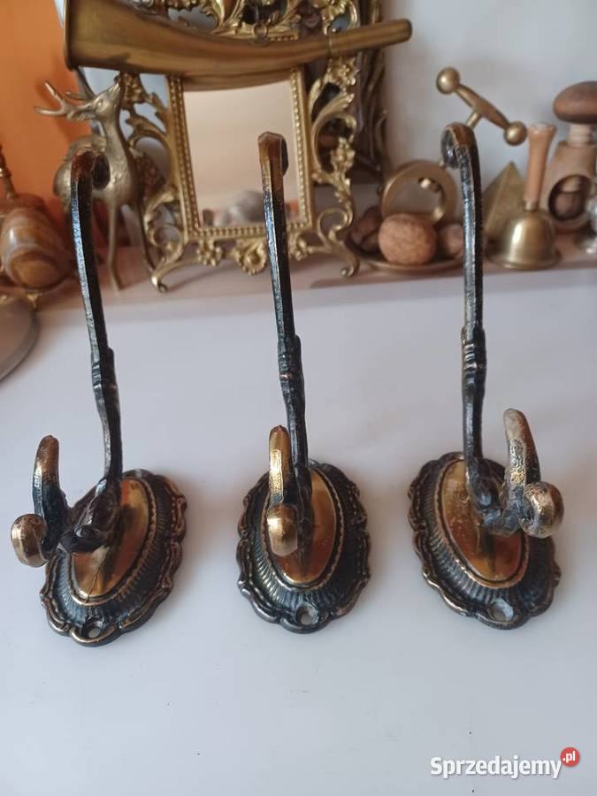 Trzy piękne duże mosiężne wieszaki Poznań