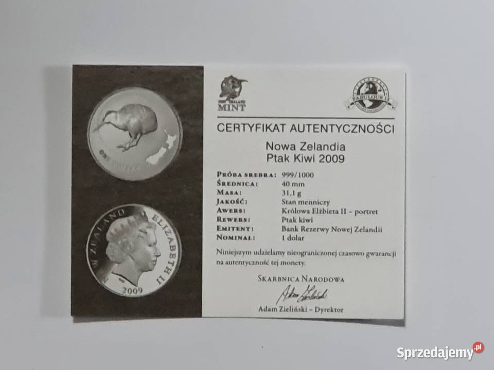 Srebrny numizmat ptak kiwi Nowa Zelandia 1 dolar wielkopolskie