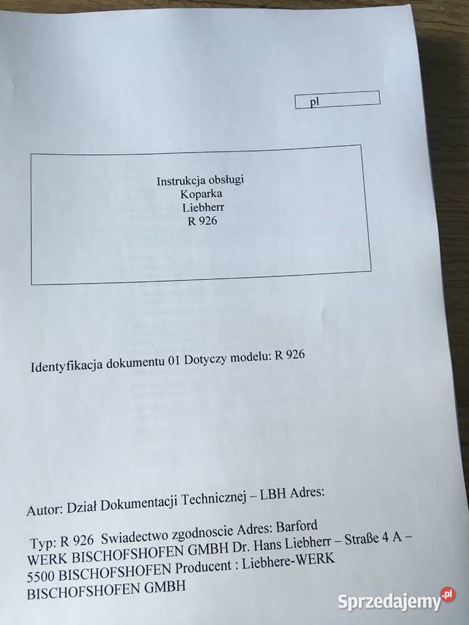 dtr instrukcja obsługi koparka liebherr r926 i Rok wydania 2008