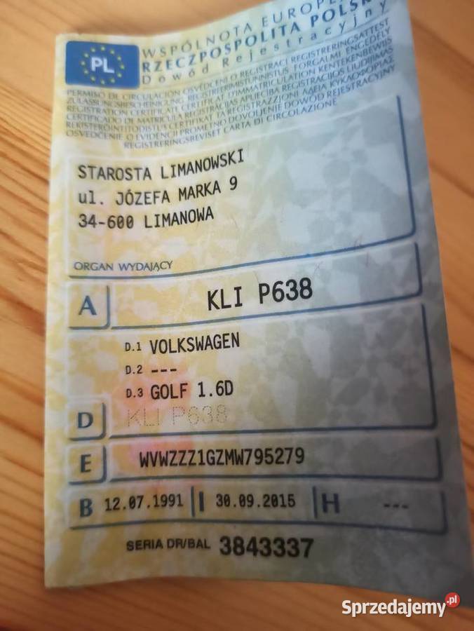 1991r Volkswagen Golf 16D 23l jeden właściciel 66KM Kamienica