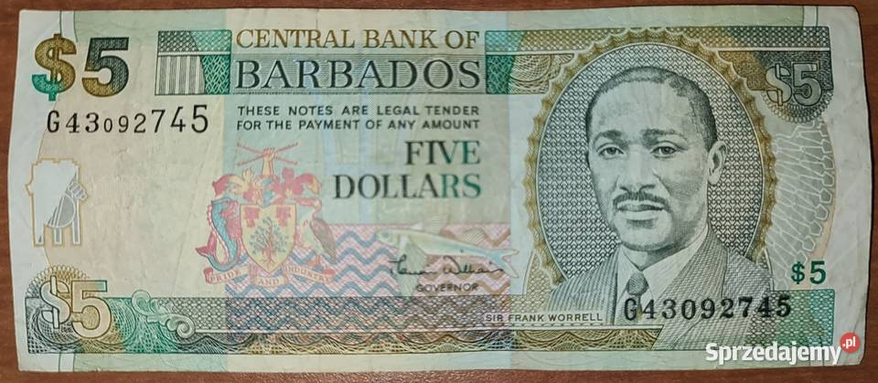Banknot 5 dollars dolarów Barbados Tarnów