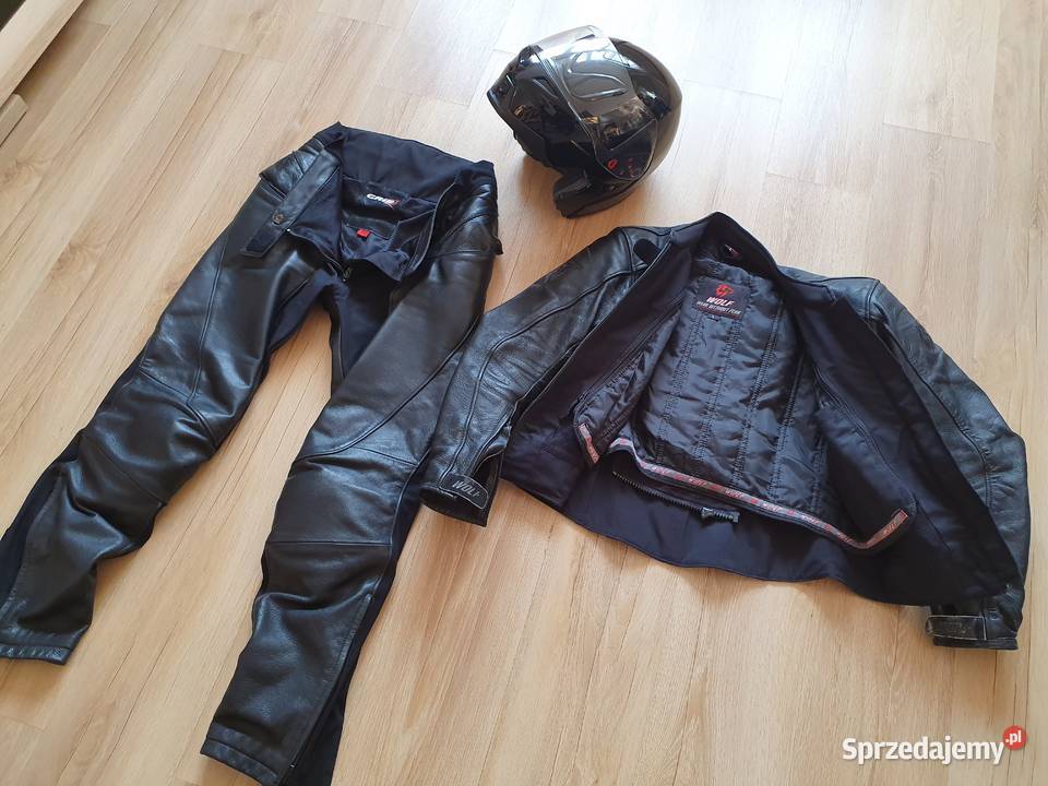 Kurtka L, spodnie 42, kask S skóra czarne motocykl