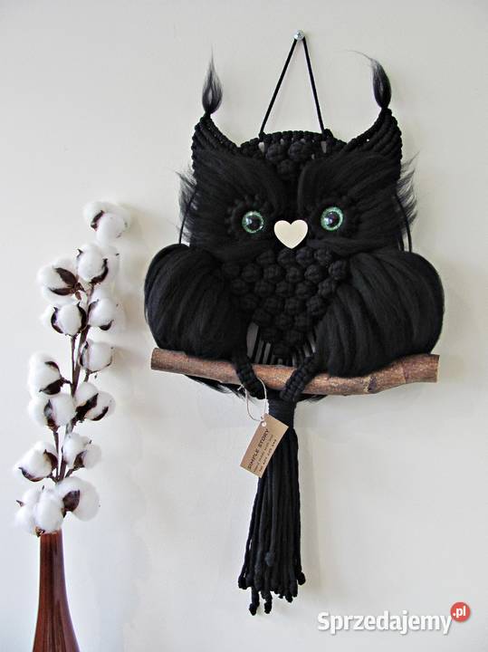 Czarna sowa puchacz makrama sowa pleciona boho Wyposażenie wnętrz Wrocław