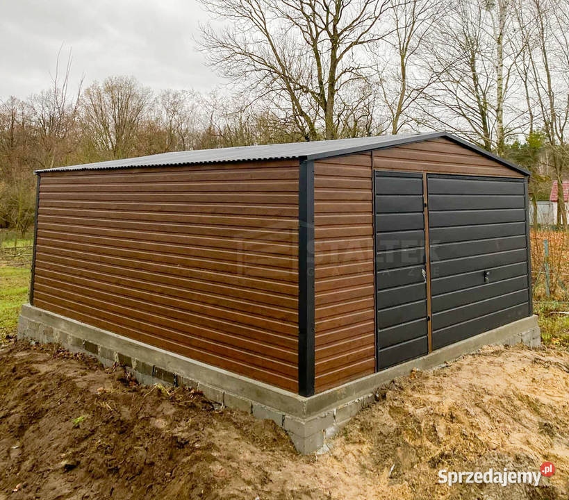 Garaż blaszany 5x6m Brama uchylna Ciemny orzech Piła