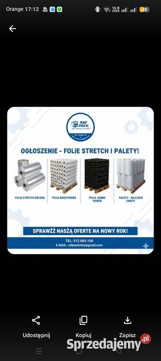 Folia stretch 25 paleta 360 sztuk Mega RAF PACK Radomsko sprzedam