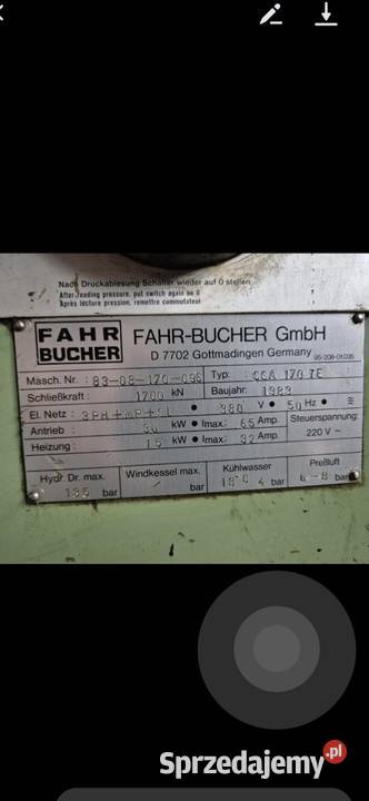 Wtryskarka FAHR BUCHER 170 TON Pniewy sprzedam