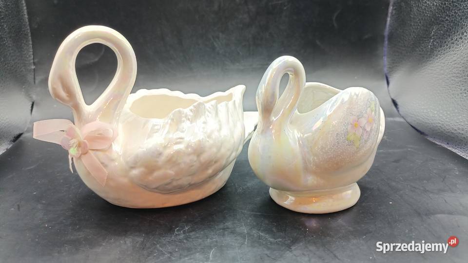 Para ptaki ceramiczne łabędzie iryzowane osłonki Zamość