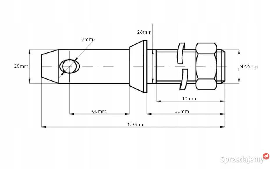 Sworzeń cięgła dolnego 28x150 mm gwint M22x40 mm Kamionna