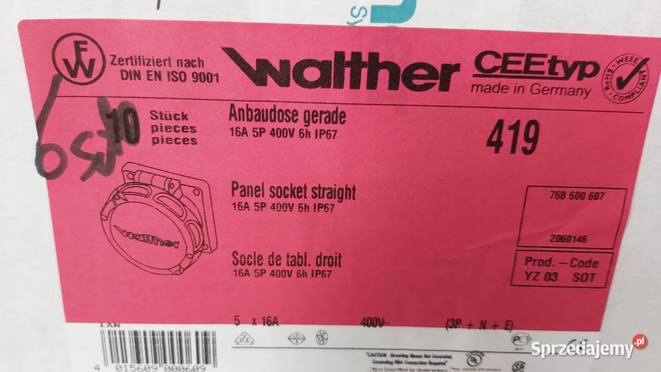 Gniazdo siłowe tablicowe z blok16A 5P Walther mazowieckie Wyszków