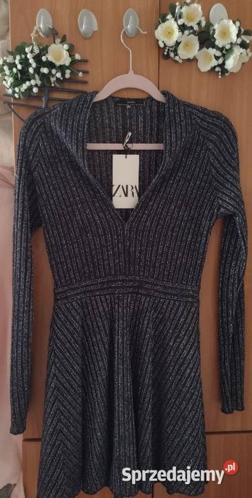 38M ZARAGranatowosrebrna sukienka dzianinowa niebieski