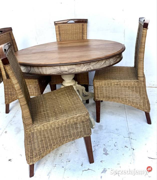 Zestaw stół 4 krzesła rattanowe vintage shabby Przeworsk