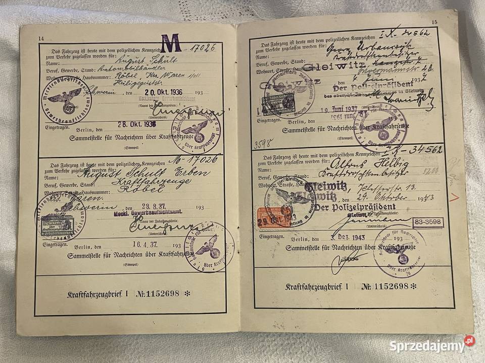 Kraftfahrzeugbrief I Niemiecki Dowód Antyki, Sztuka, Kolekcje Kraków