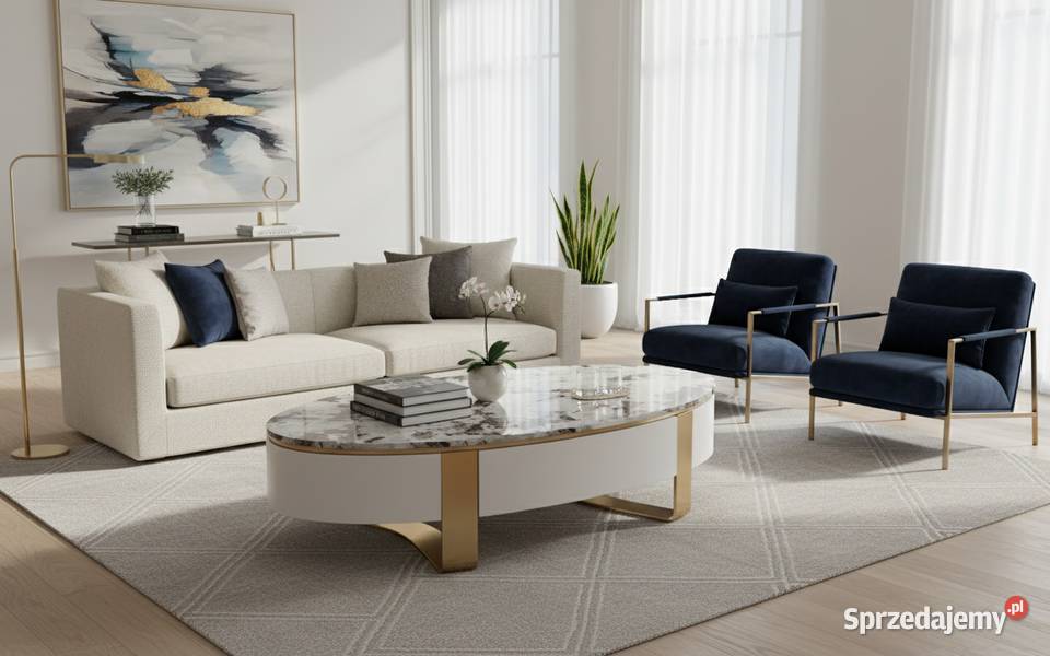 Stolik kawowy biały ława na złotych nogach