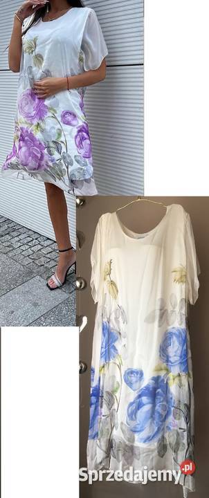 Sukienka elegancka jedwab midi śmietanka w róże niebieski mazowieckie Warszawa