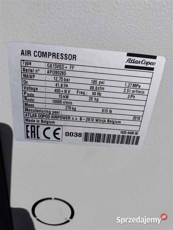 Sprężarka ATLAS COPCO GA15VSDFF PLUS 15kW Wilków