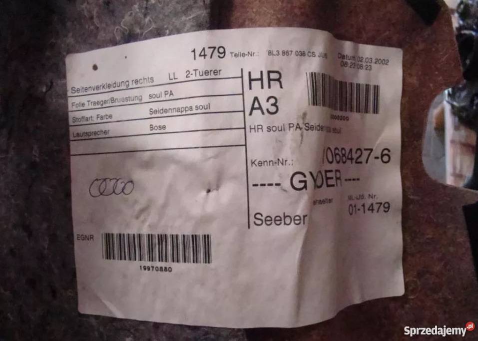 AUDI A3 3d TAPICERKA BOCZEK TYŁ tapicerki samochodowe Nowy Tomyśl