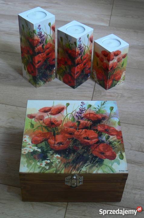 Komplet 3 duże świeczniki szkatułka rękodzieło Halinów