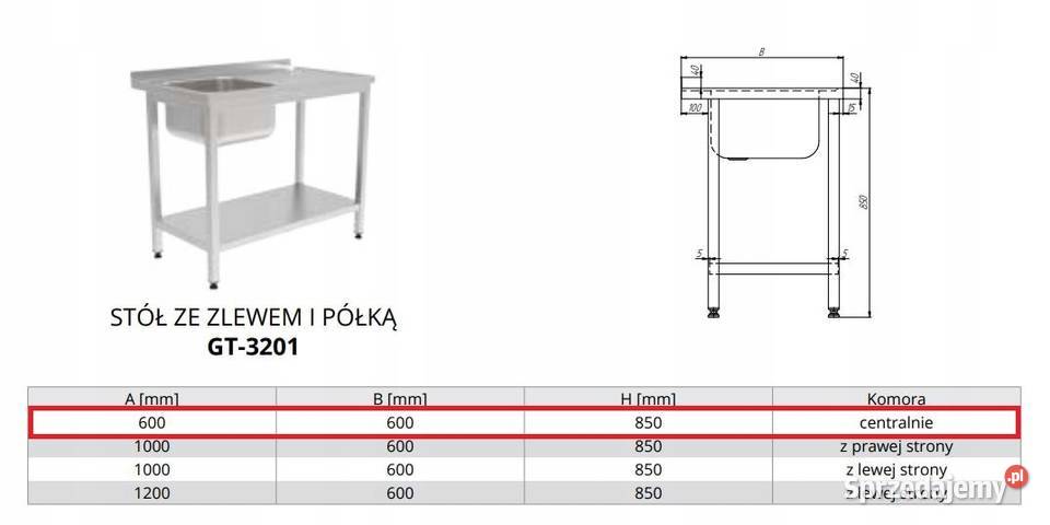 Stół ze zlewem i półką Dora Metal GT 3201 Góra