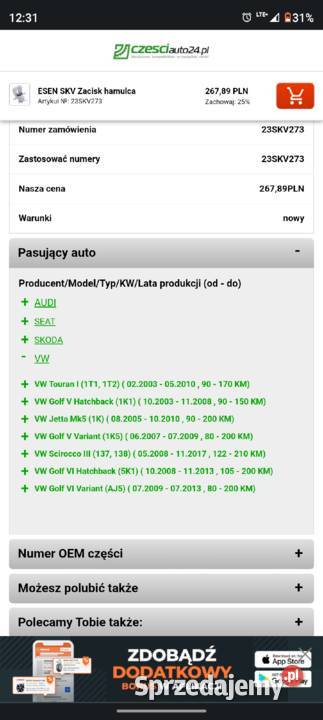 Zacisk hamulcowy 23skv273 golf 5 audi a3 touran Układ hamulcowy dolnośląskie sprzedam