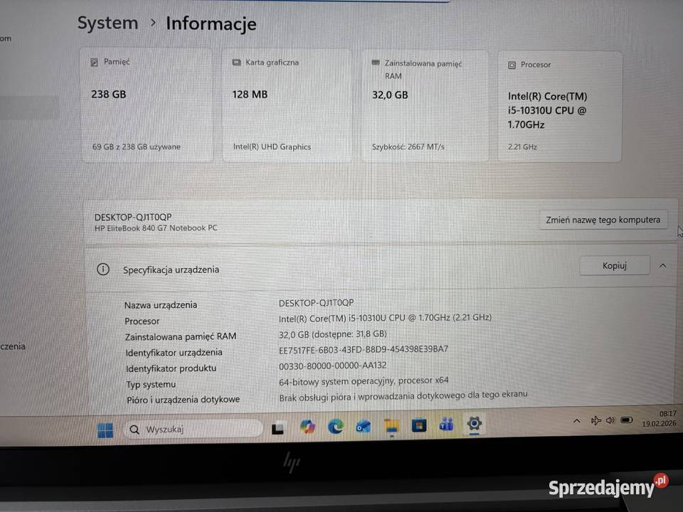 HP EliteBook 840 G7 32GB RAM i5 256SSD 14 FHD sprzedam