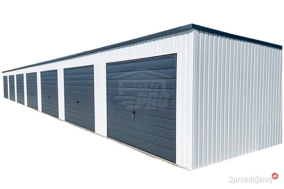 Rząd garaży 28x55m 7x bramy uchylne dach spad w Turek sprzedam