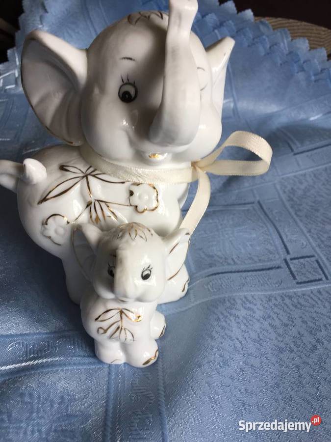 Słoń porcelanowy podwójny uroczy suto złocony biały Dekoracje i ozdoby