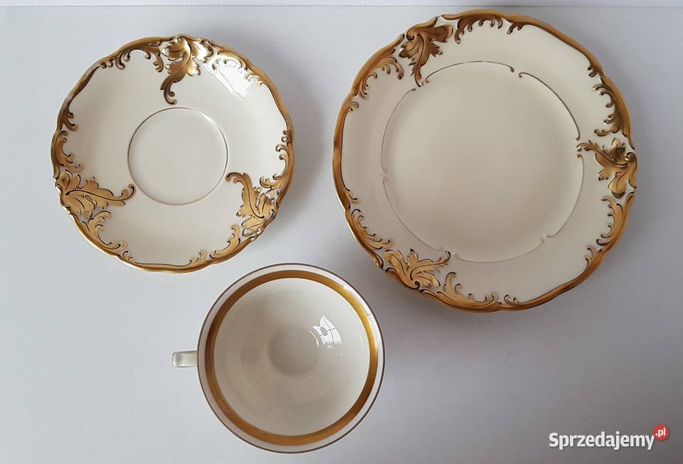 Trio filiżanka spodeczek talerzyk Złoty Liść KPM Dąbrowa Górnicza